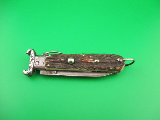 Old 18cm Italian Stag Ring Pull Shellpuller Red dot automatic knife with lanyard ring