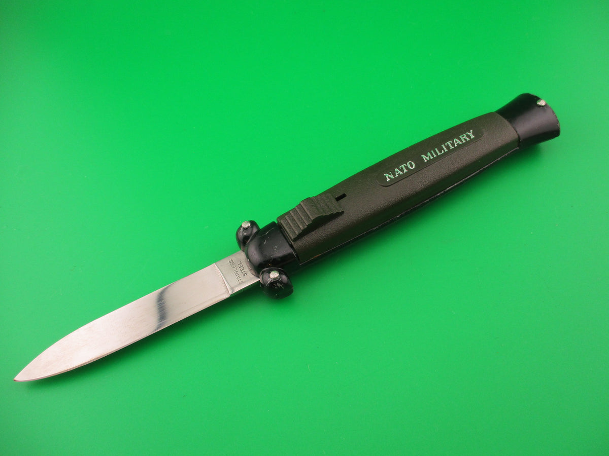 STAINLESS STEEL 20cm NATO MILITARY DA OTF green automatic knife black bolsters