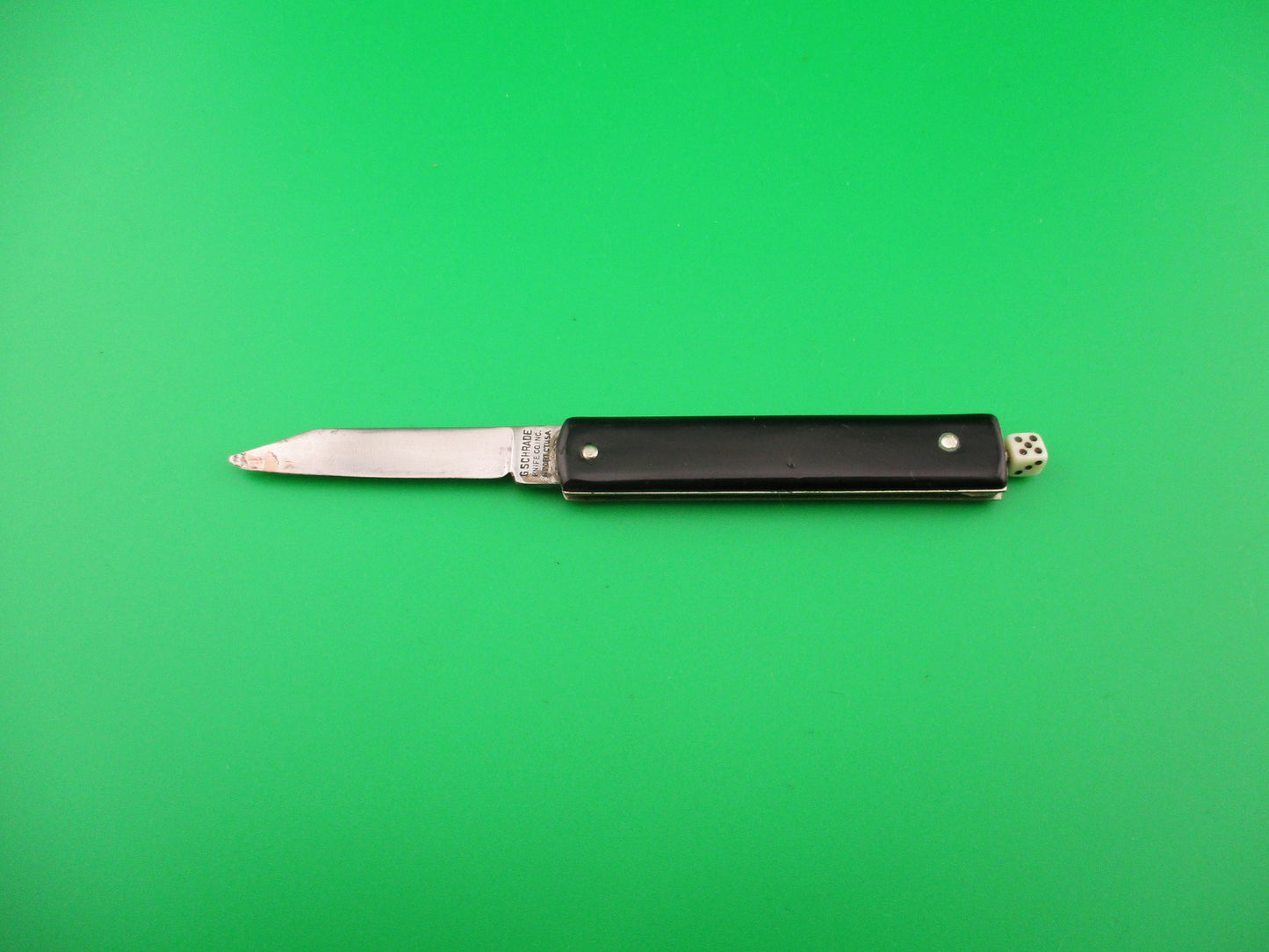 G SCHRADE Pullball Black w white dice pull vintage switchblade knife
