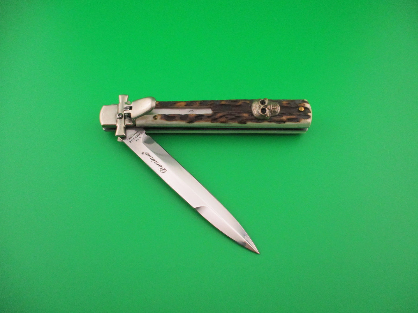 AGA CAMPOLIN Dominus 23cm Stag Lever automatic knife with Skull