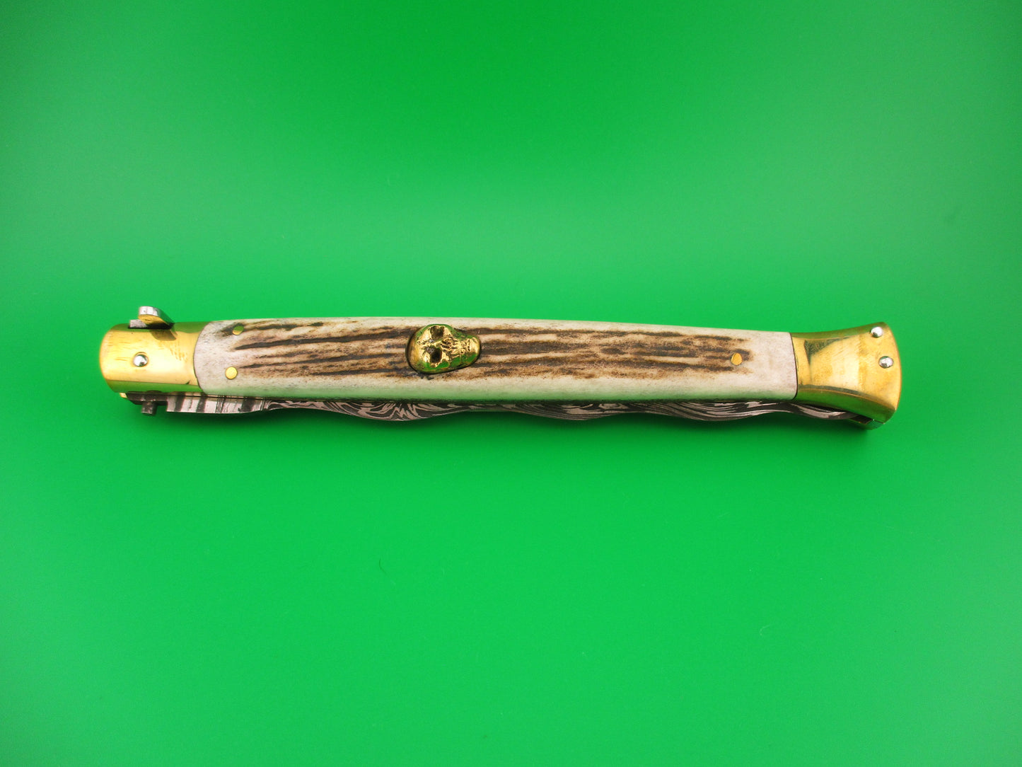 35cm Skull Button Wicked Stiletto Kris blade Stag & Brass Custom automatic knife