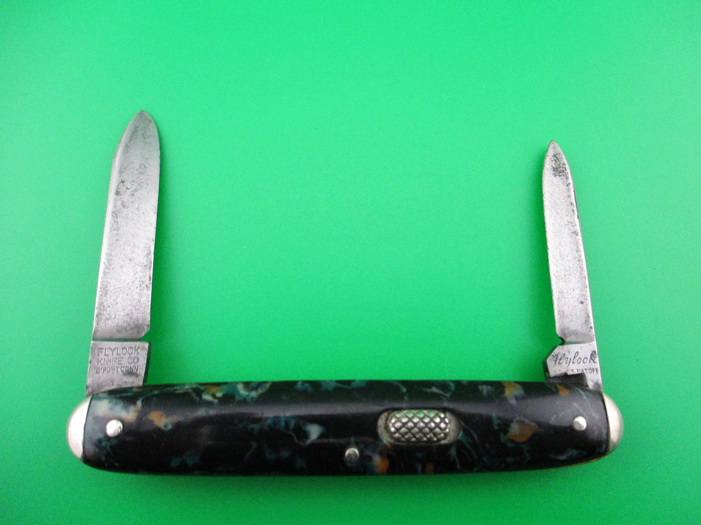 Flylock Double mottled celluloid scales with tip bolsters switchblade knife