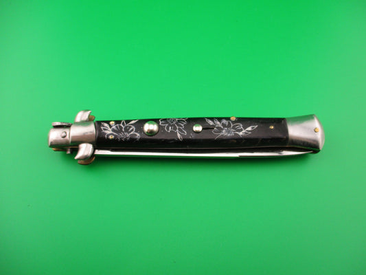 Rostfrei R-V 28cm Italian Stiletto Black Scrimshaw Koi Lotus blossoms automatic knife