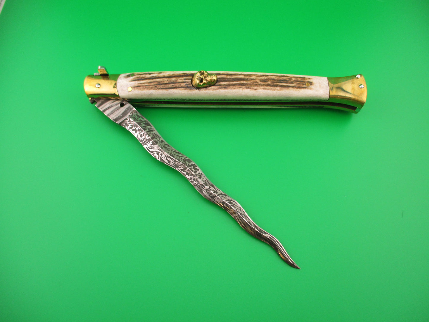 35cm Skull Button Wicked Stiletto Kris blade Stag & Brass Custom automatic knife