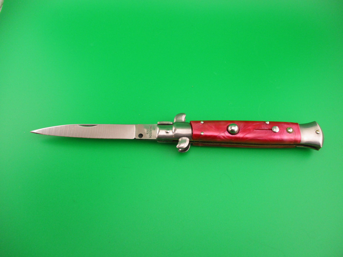 440 STAINLESS ROSTFREI 22cm Italian style Stiletto Red swirl automatic knife