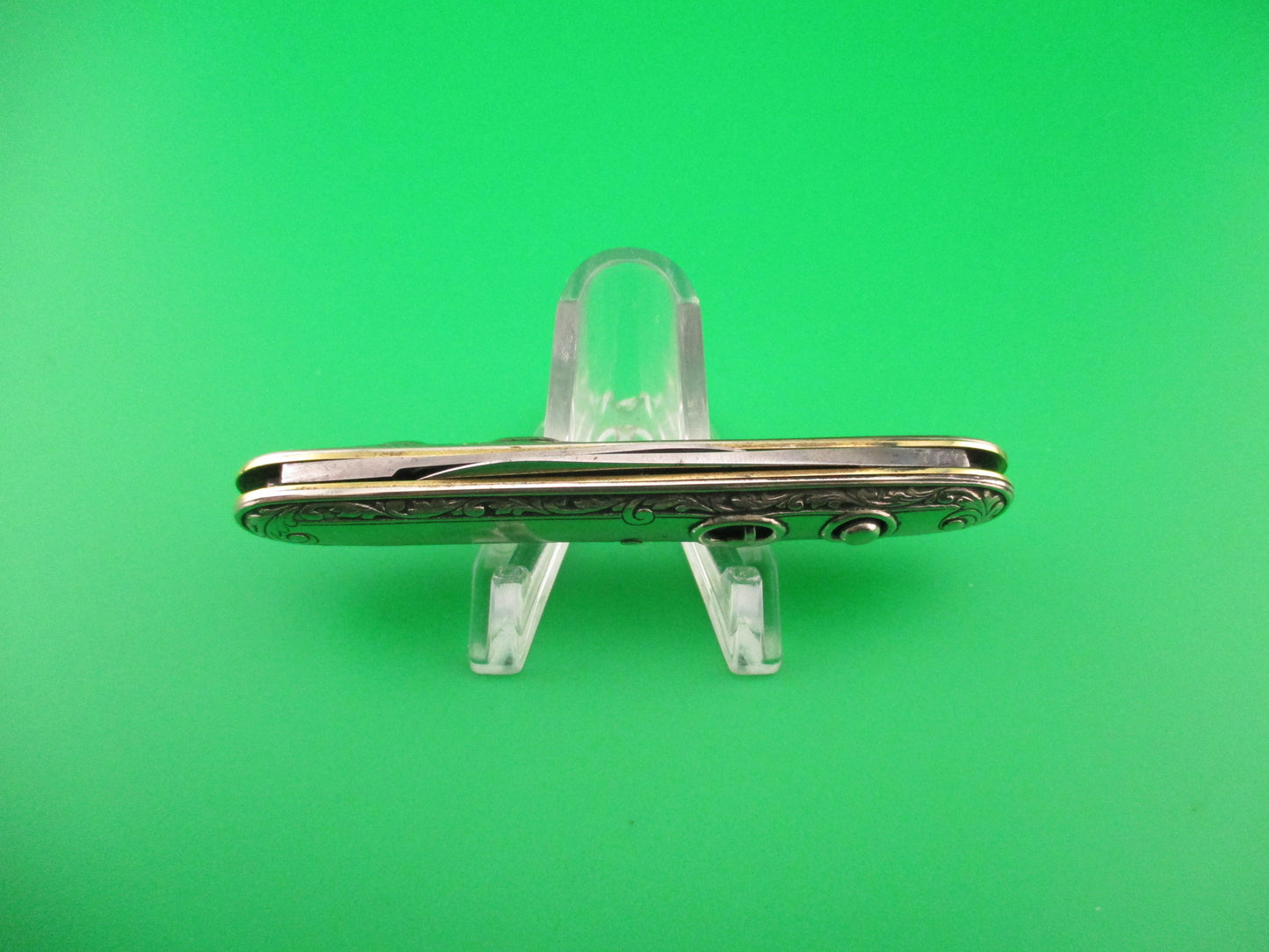 SCHRADE CUT CO Medium 7409GSil double German Silver Deluxe Scroll switchblade knife