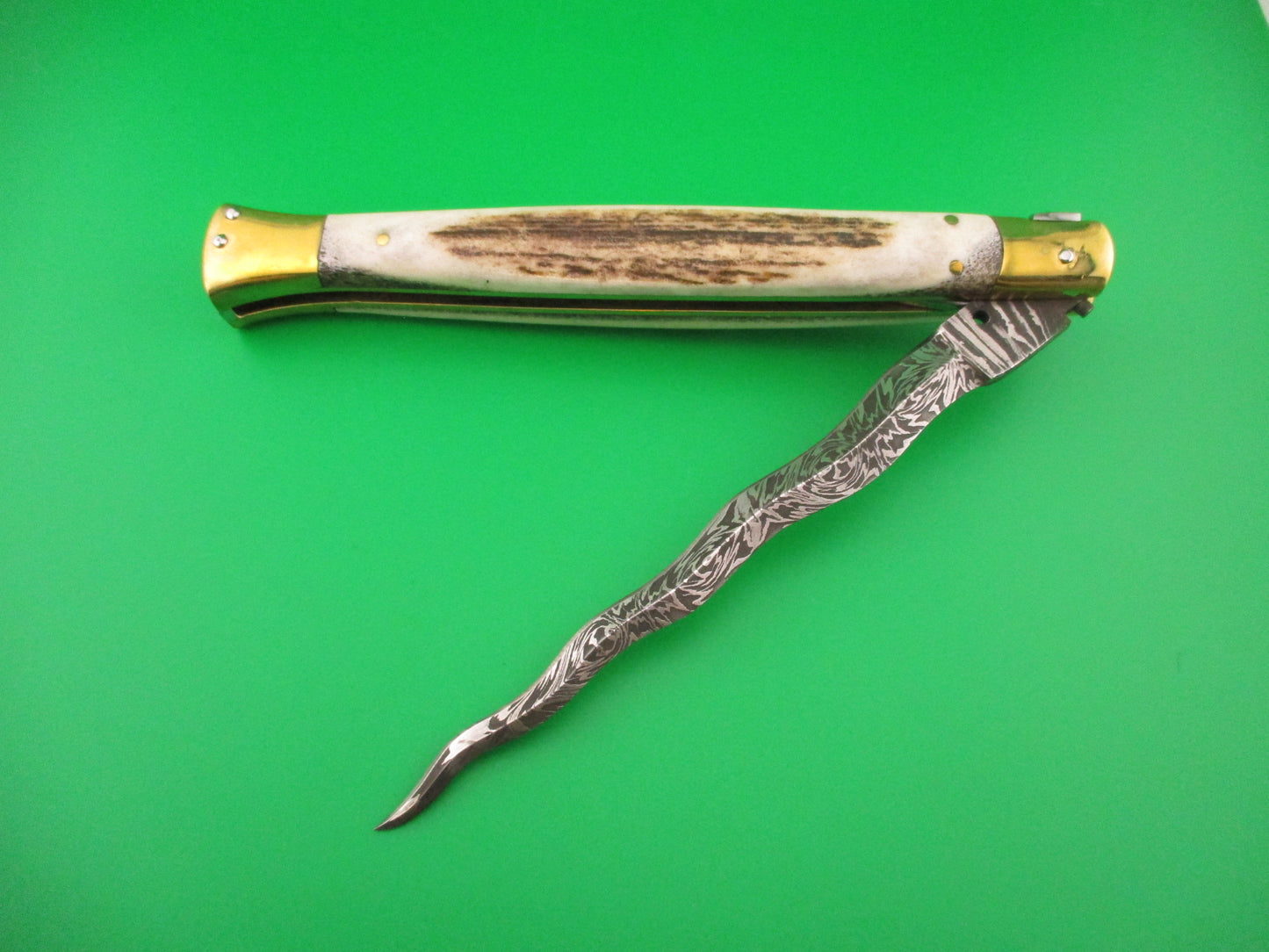 35cm Skull Button Wicked Stiletto Kris blade Stag & Brass Custom automatic knife