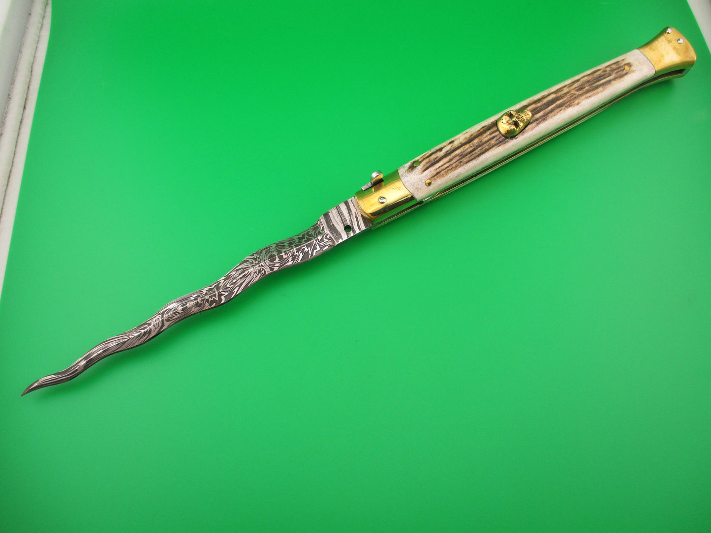 35cm Skull Button Wicked Stiletto Kris blade Stag & Brass Custom automatic knife