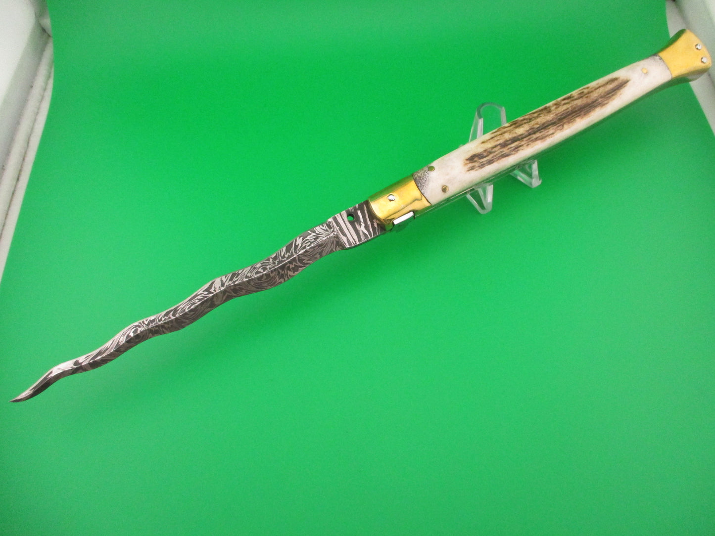 35cm Skull Button Wicked Stiletto Kris blade Stag & Brass Custom automatic knife