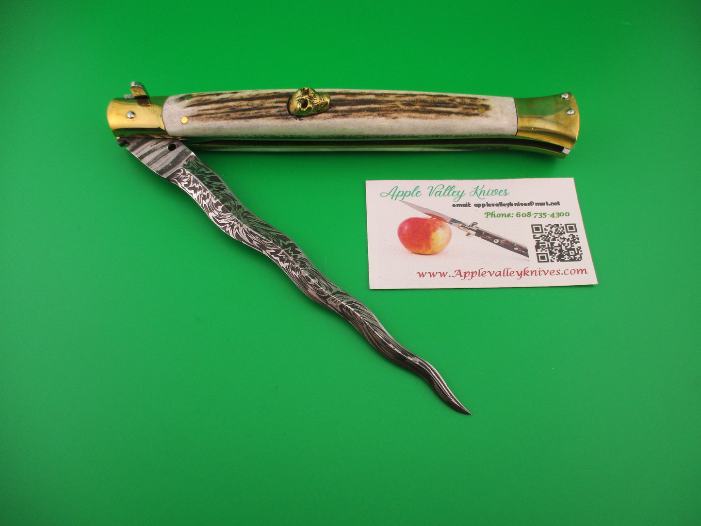 35cm Skull Button Wicked Stiletto Kris blade Stag & Brass Custom automatic knife