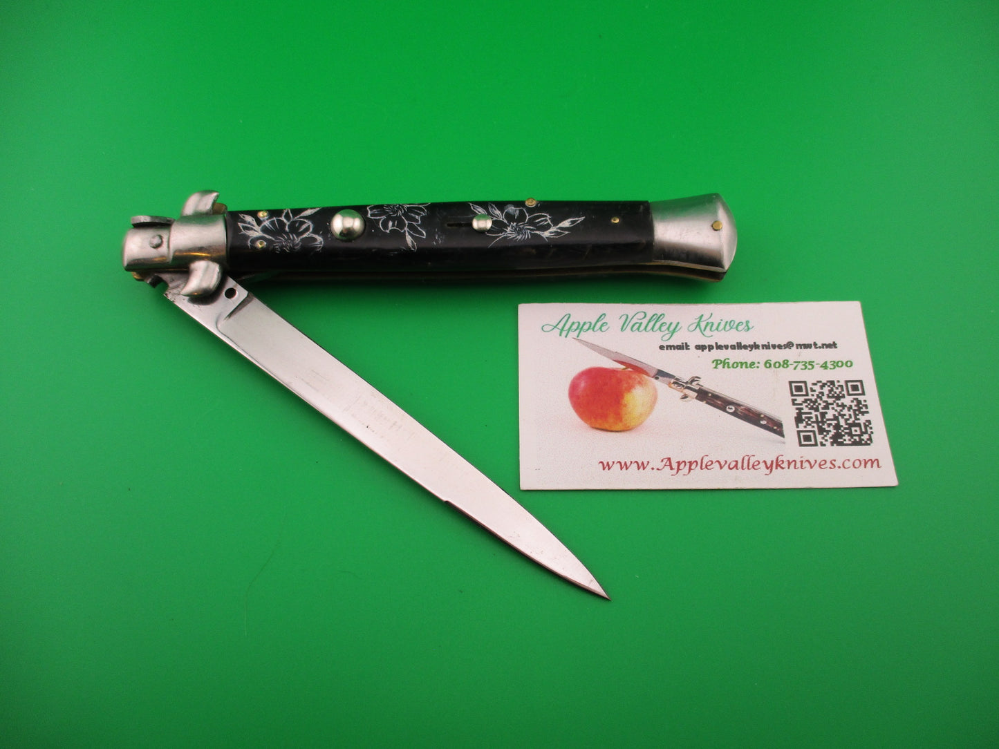 Rostfrei R-V 28cm Italian Stiletto Black Scrimshaw Koi Lotus blossoms automatic knife