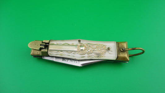 STAINLESS Bullfighter 14cm White Gold Vintage lever switchblade knife