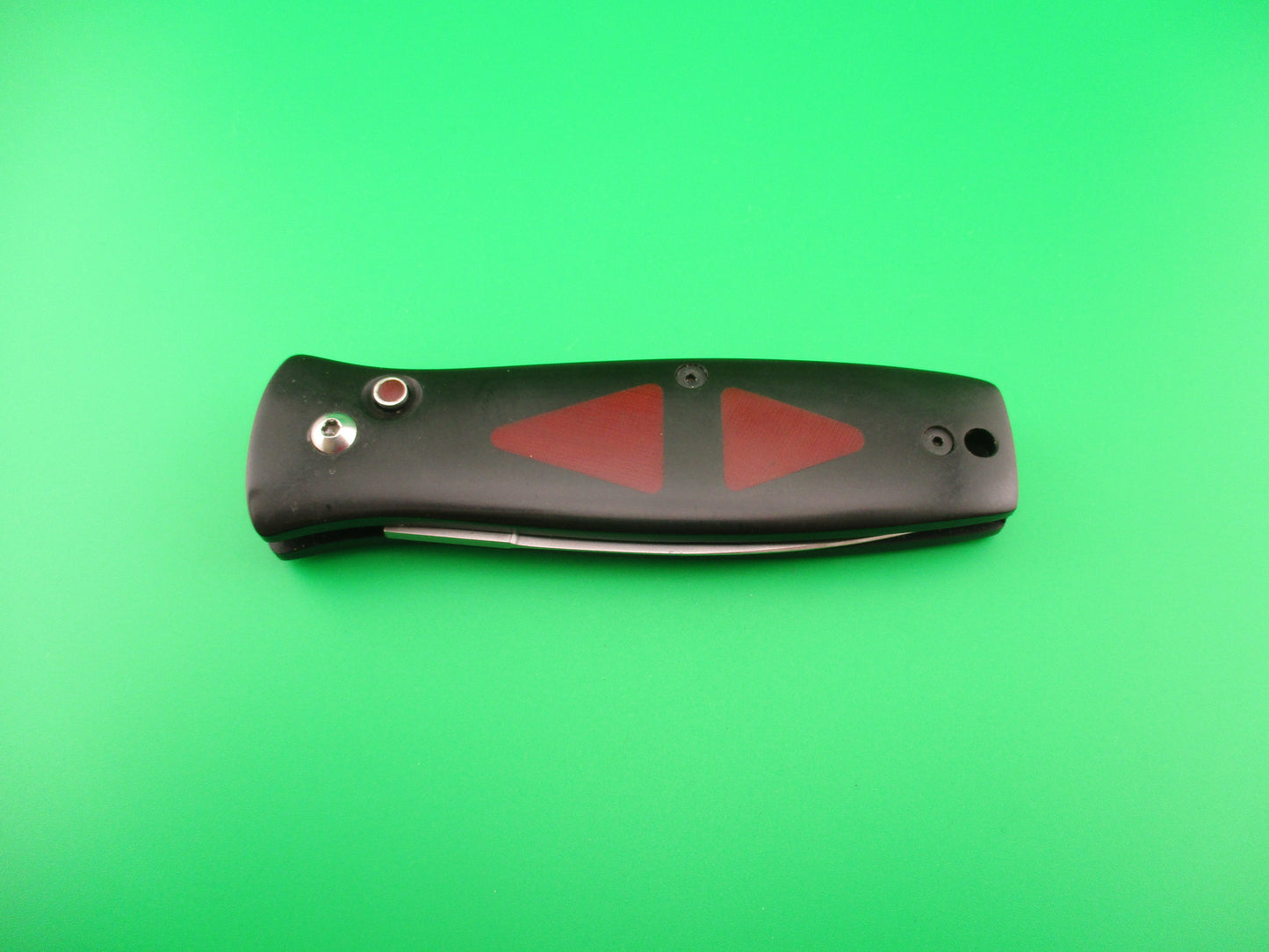 MEL PARDUE 7.25" Black Micarta red triangles Coil Spring automatic knife