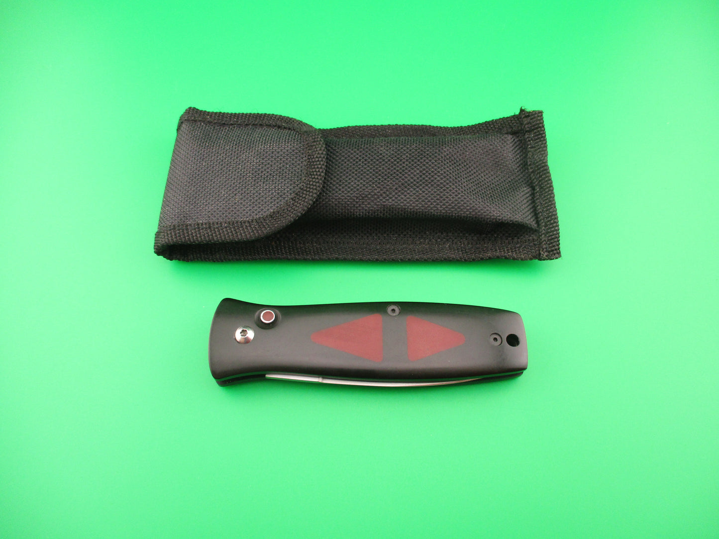 MEL PARDUE 7.25" Black Micarta red triangles Coil Spring automatic knife