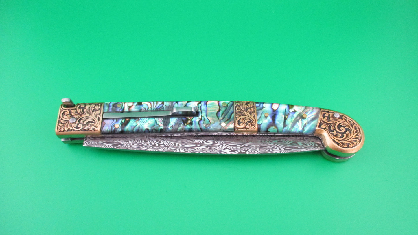 Custom Abalone & Damascus Knife 33cm Prioletta style button automatic