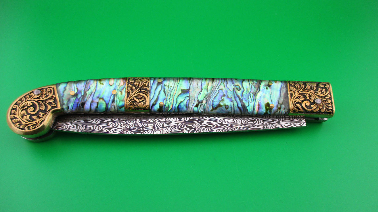 Custom Abalone & Damascus Knife 33cm Prioletta style button automatic