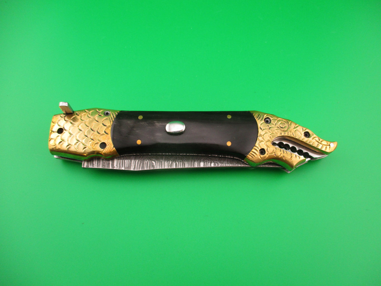 Custom DRAGON 28cm Hand Made Damascus Horn automatic knife