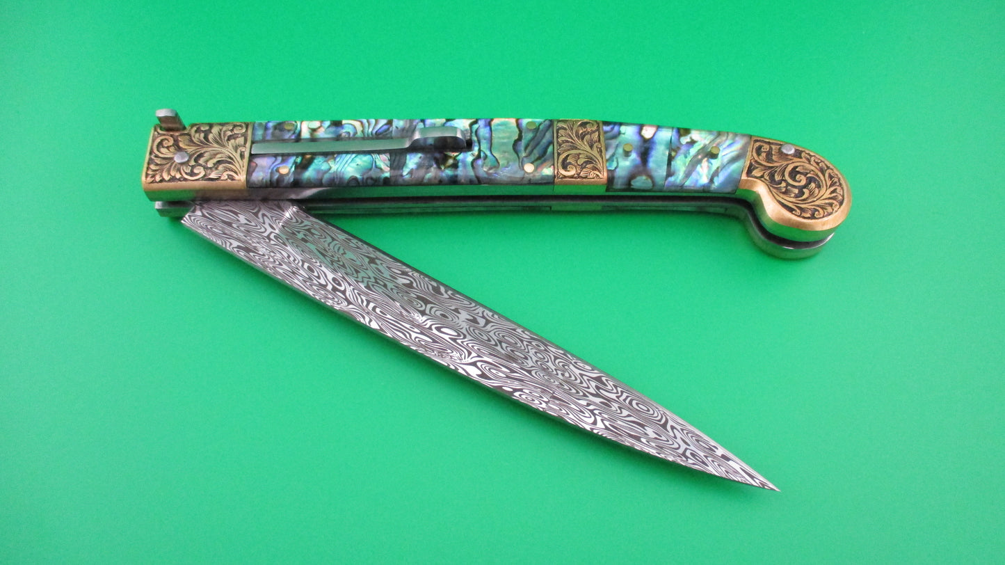 Custom Abalone & Damascus Knife 33cm Prioletta style button automatic