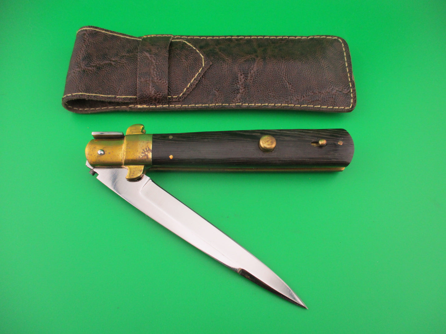 Frosolone Style Custom 11 inch Hand Made automatic knife with leather sheath