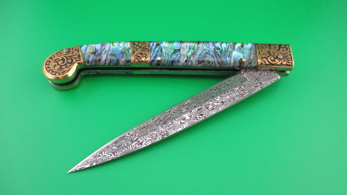 Custom Abalone & Damascus Knife 33cm Prioletta style button automatic