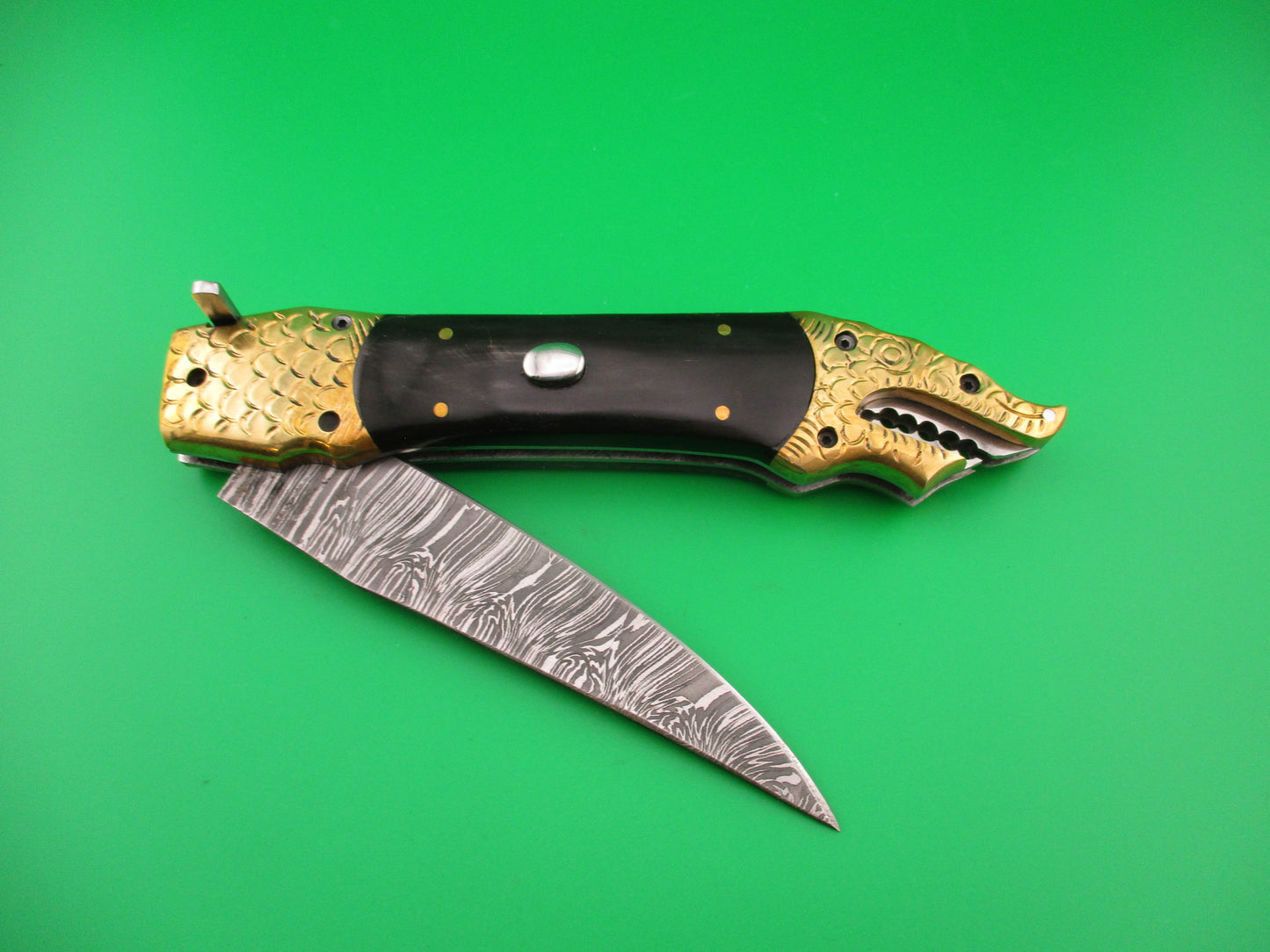 Custom DRAGON 28cm Hand Made Damascus Horn automatic knife