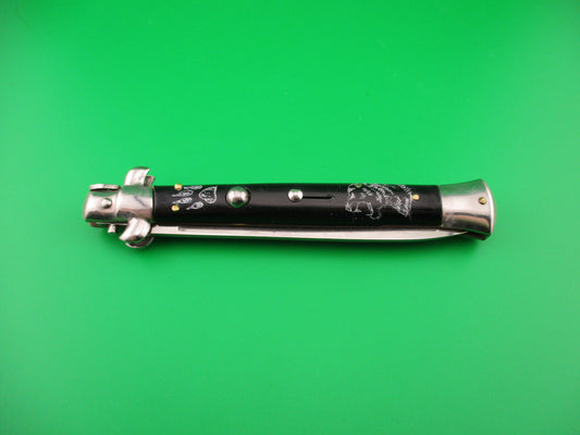 INOX 28cm Italian Stiletto BIG CAT & Wolf Black Scrimshaw automatic knife