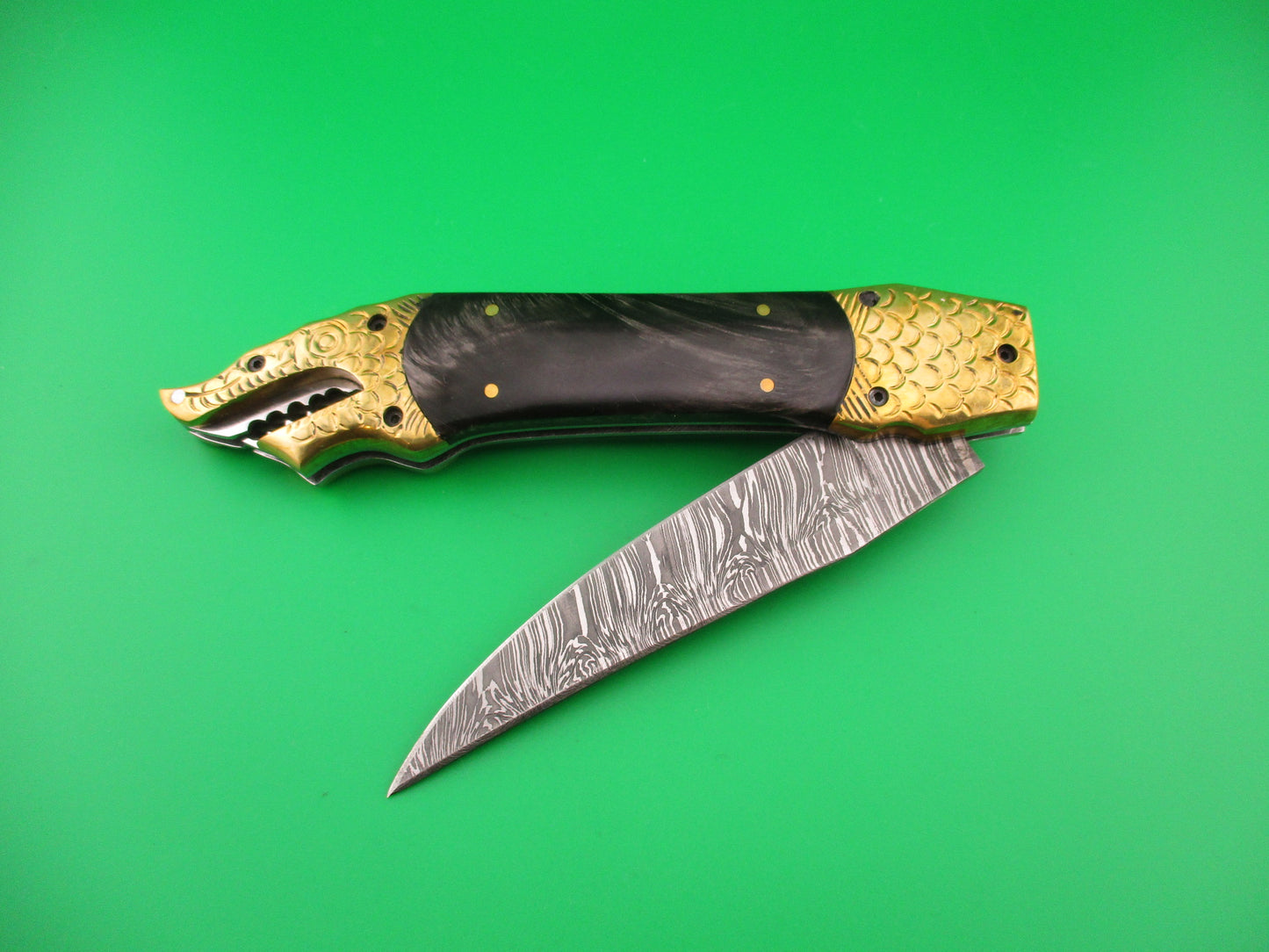 Custom DRAGON 28cm Hand Made Damascus Horn automatic knife
