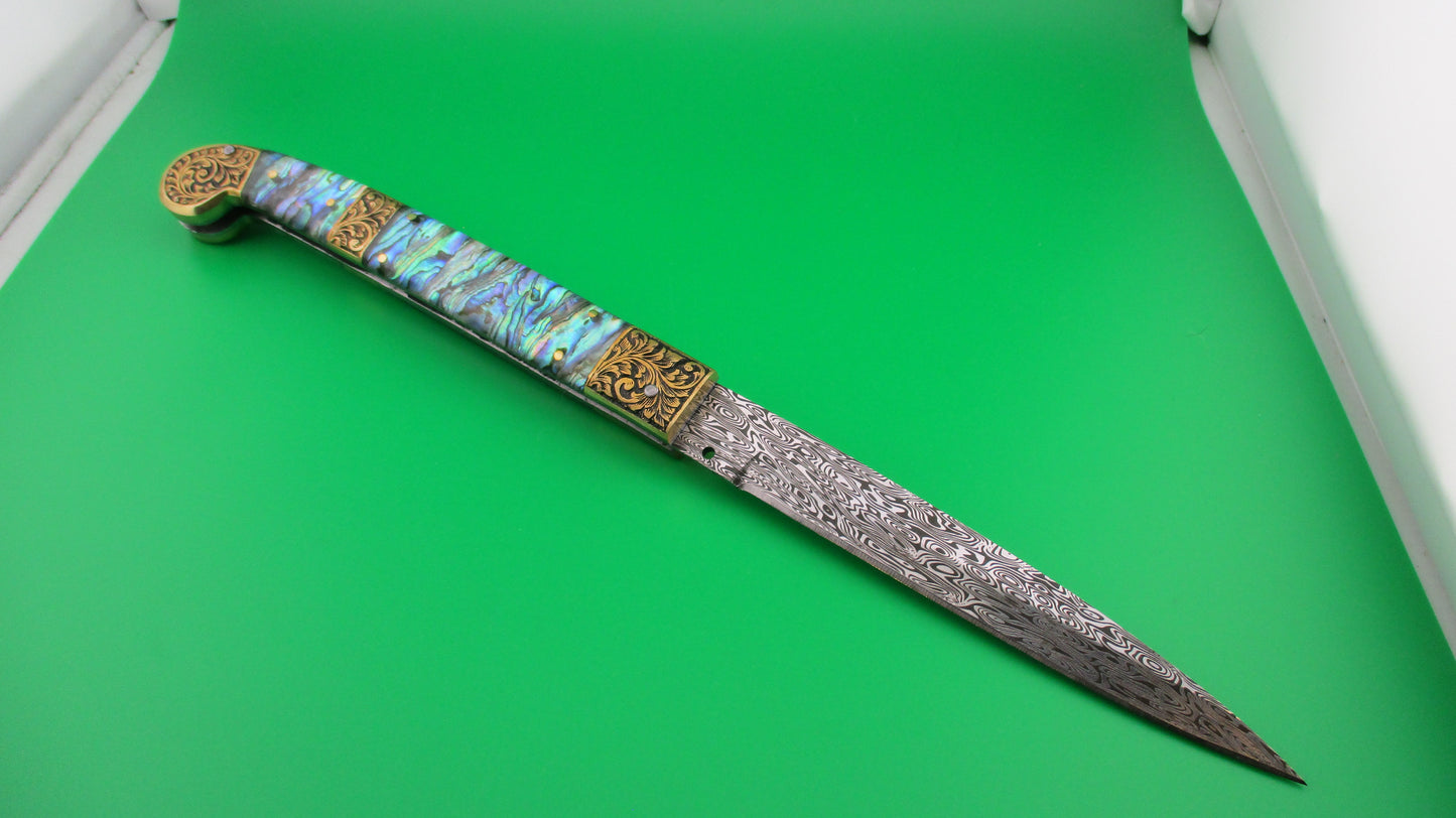 Custom Abalone & Damascus Knife 33cm Prioletta style button automatic