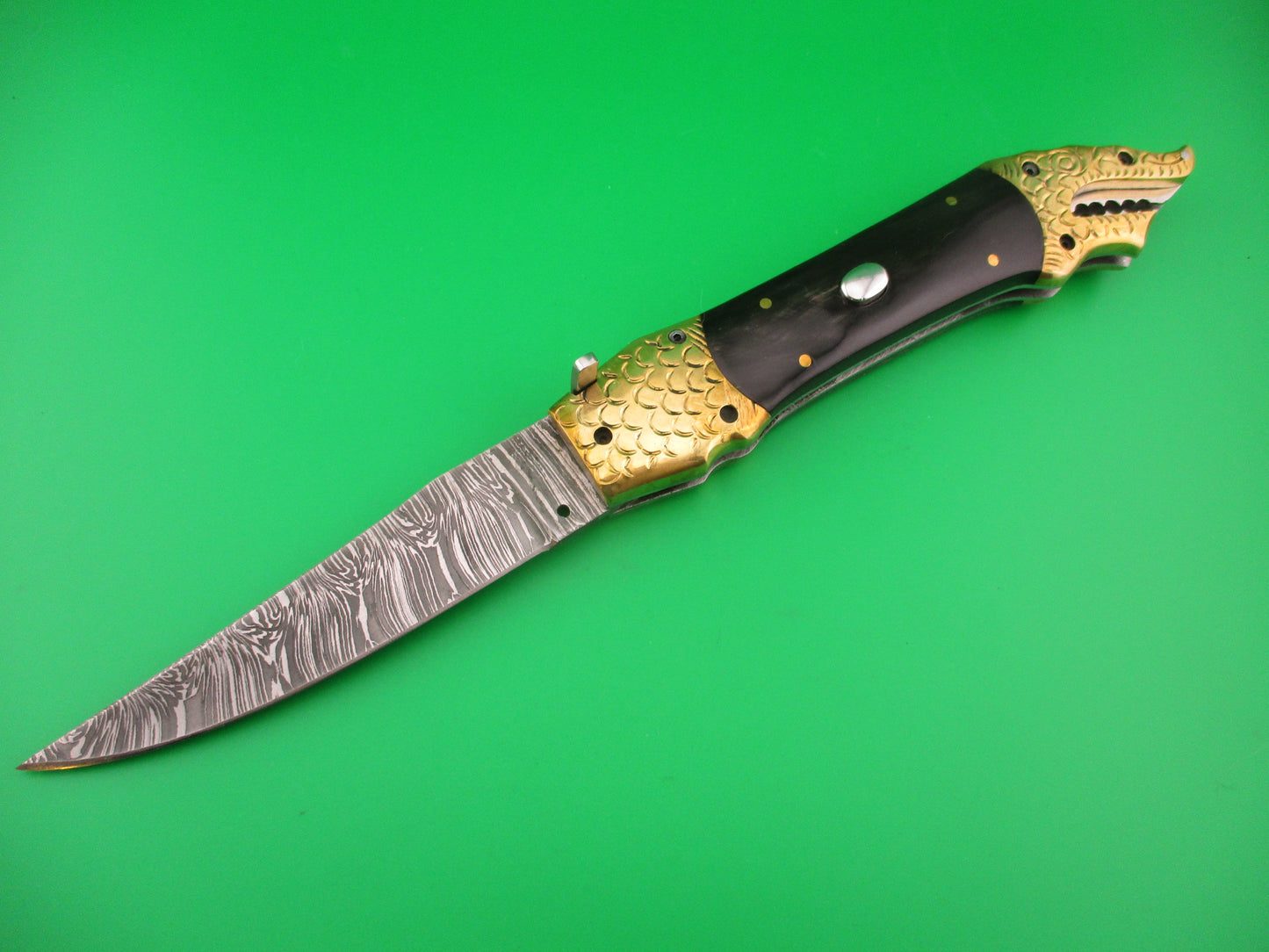 Custom DRAGON 28cm Hand Made Damascus Horn automatic knife