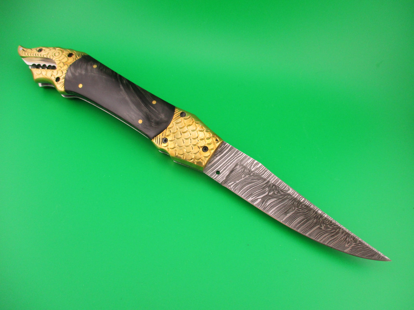 Custom DRAGON 28cm Hand Made Damascus Horn automatic knife