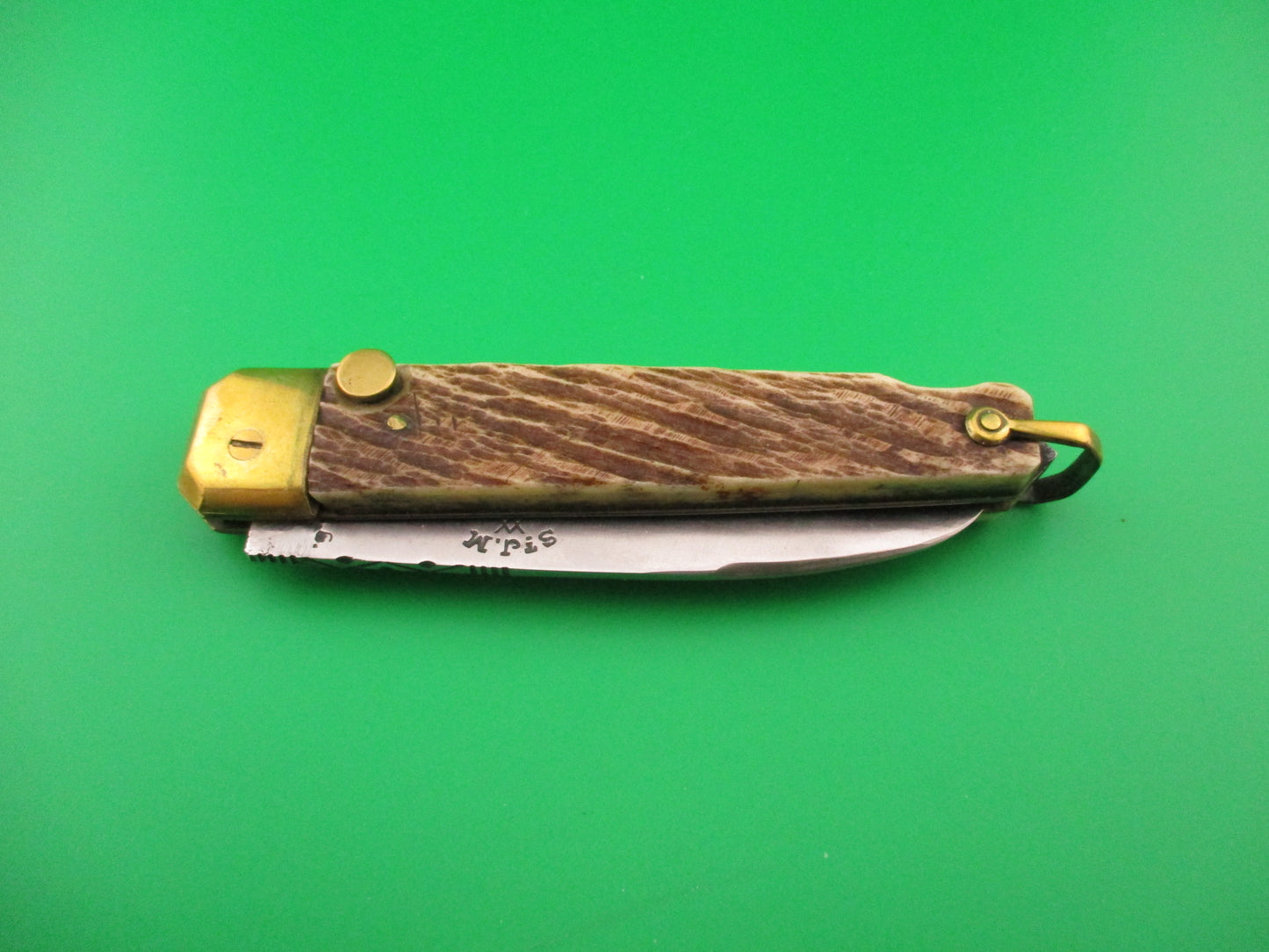 St JM XX INOX 21cm French Saint James Stag & Brass Automatic Knife