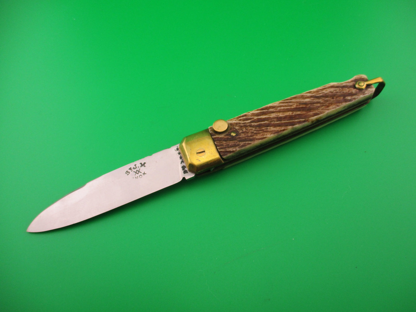 St JM XX INOX 21cm French Saint James Stag & Brass Automatic Knife