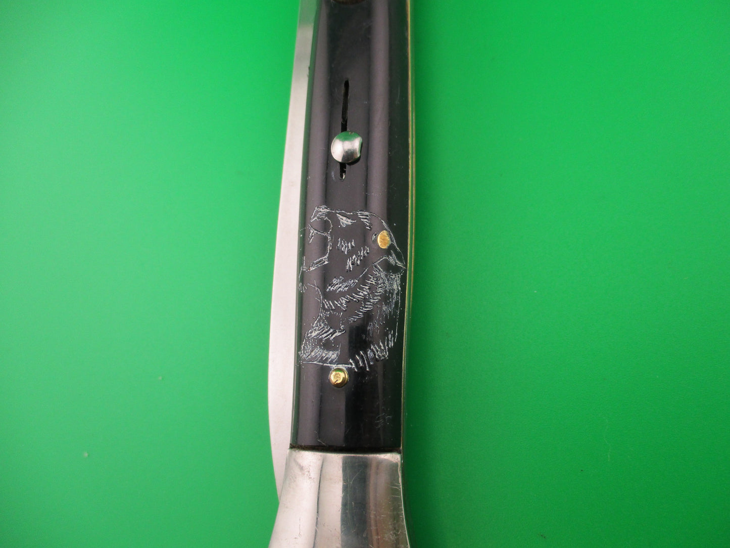 INOX 28cm Italian Stiletto BIG CAT & Wolf Black Scrimshaw automatic knife