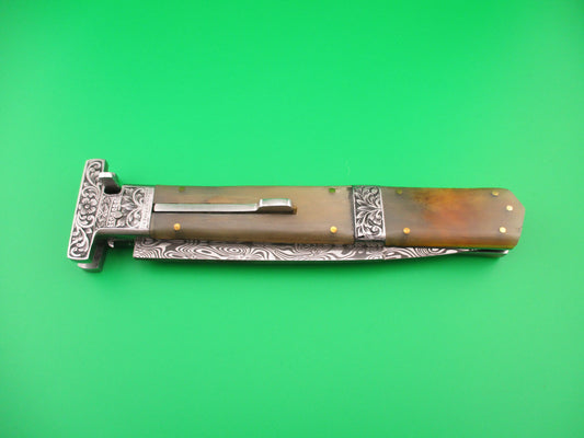 Unmarked 32cm Custom T Bolster Prioletta Damascus Horn Engraved automatic knife