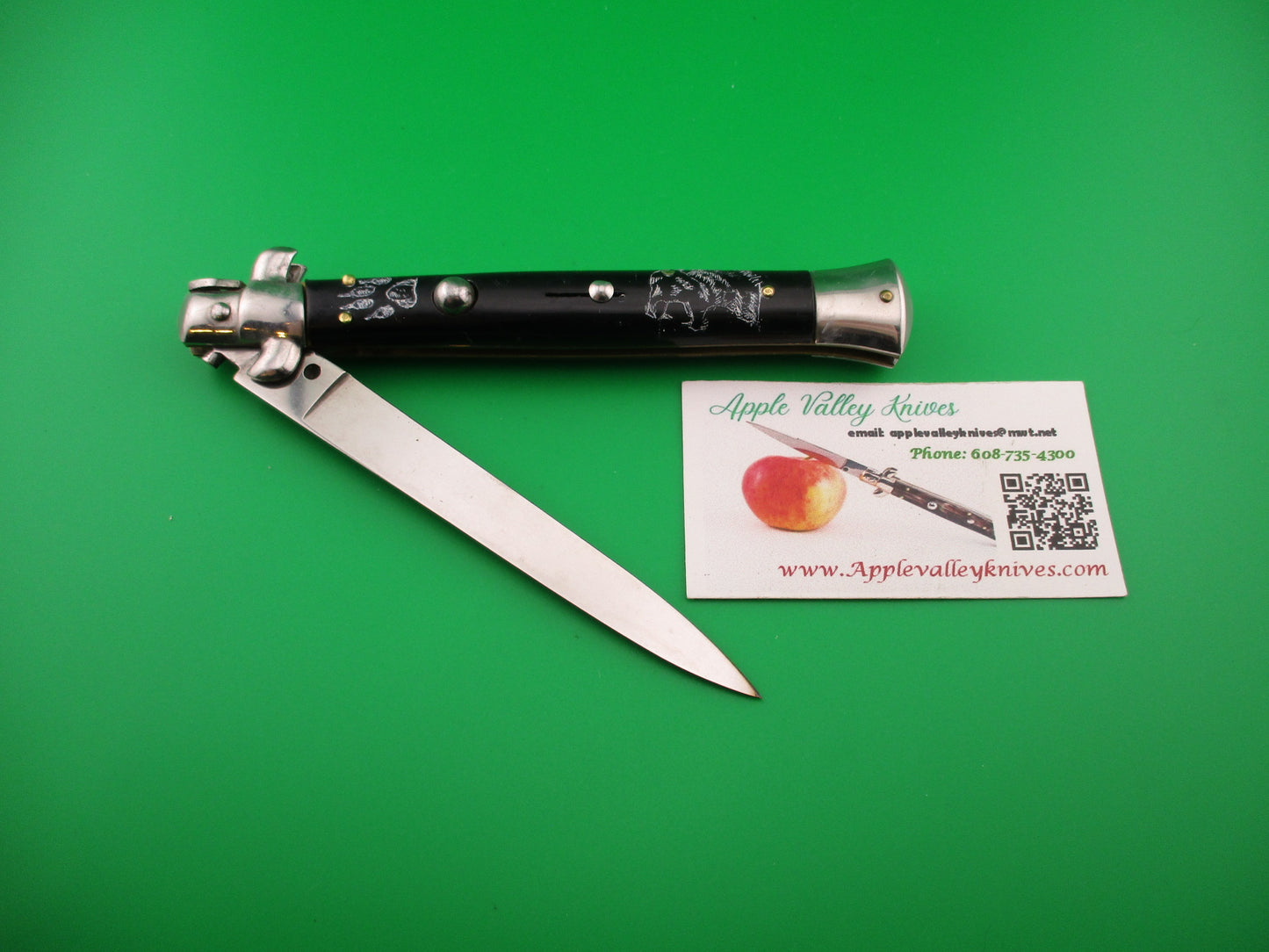 INOX 28cm Italian Stiletto BIG CAT & Wolf Black Scrimshaw automatic knife