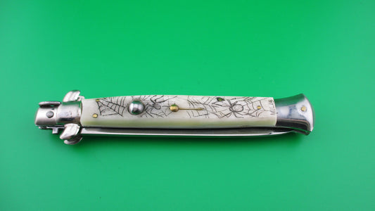 J INOX 28cm Italian Swivel bolster Scrimshaw Spiders & Webs automatic knife OSK MULAS