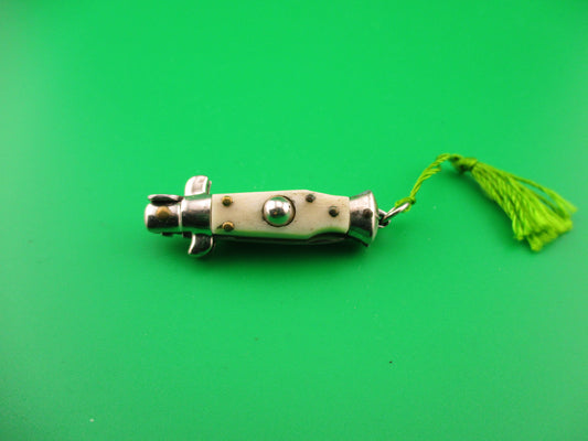 INOX 7cm Italian Mini Picklock Stag 4 pin vintage automatic knife w Green tassel