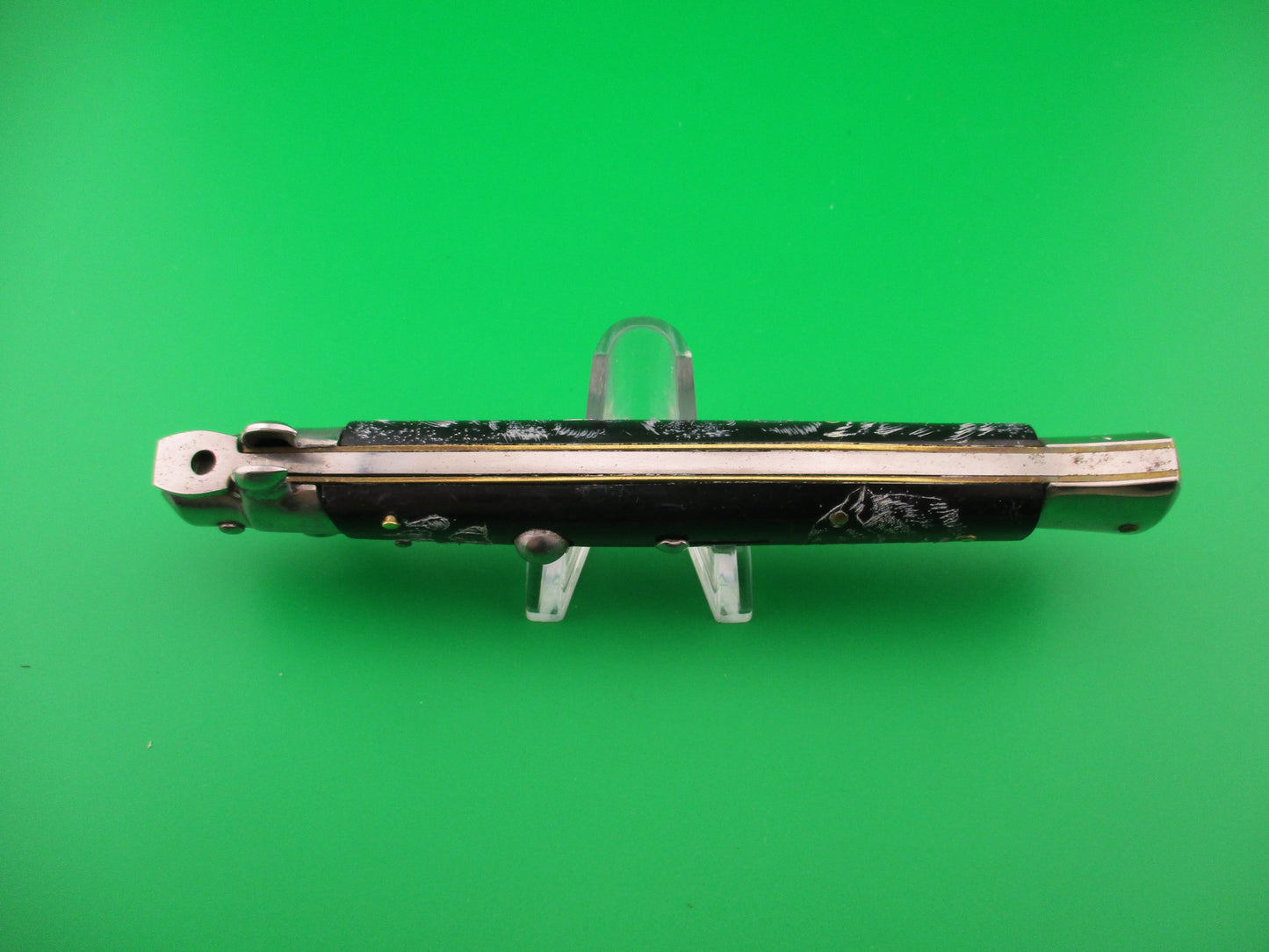 INOX 28cm Italian Stiletto BIG CAT & Wolf Black Scrimshaw automatic knife