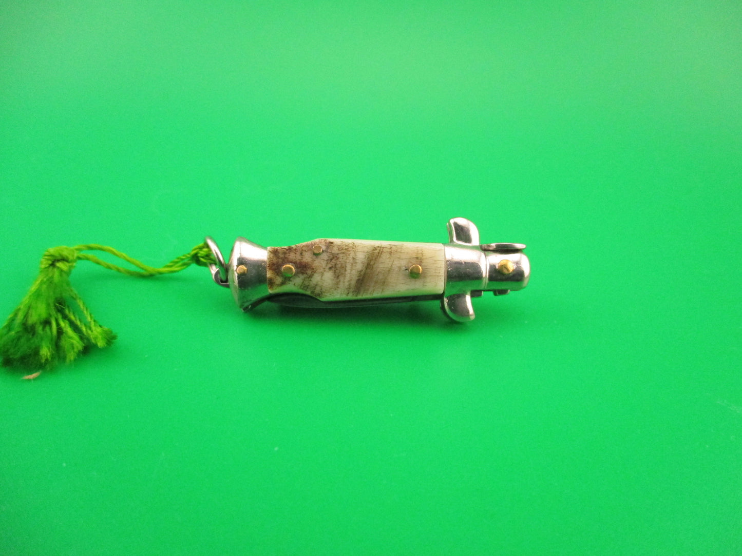 INOX 7cm Italian Mini Picklock Stag 4 pin vintage automatic knife w Green tassel