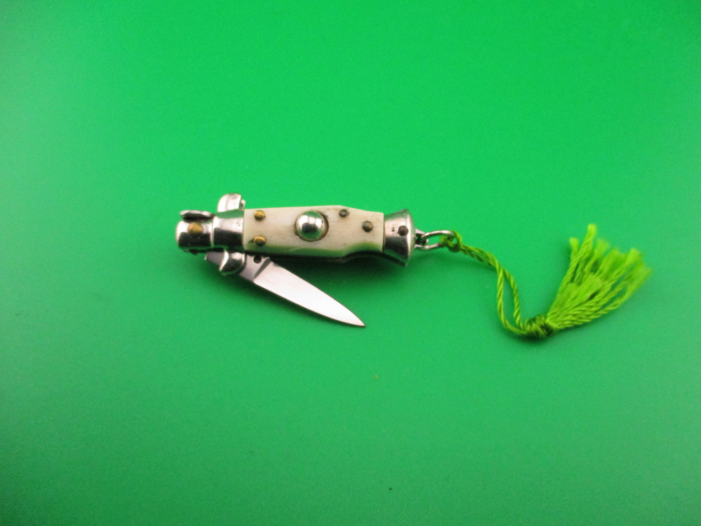 INOX 7cm Italian Mini Picklock Stag 4 pin vintage automatic knife w Green tassel