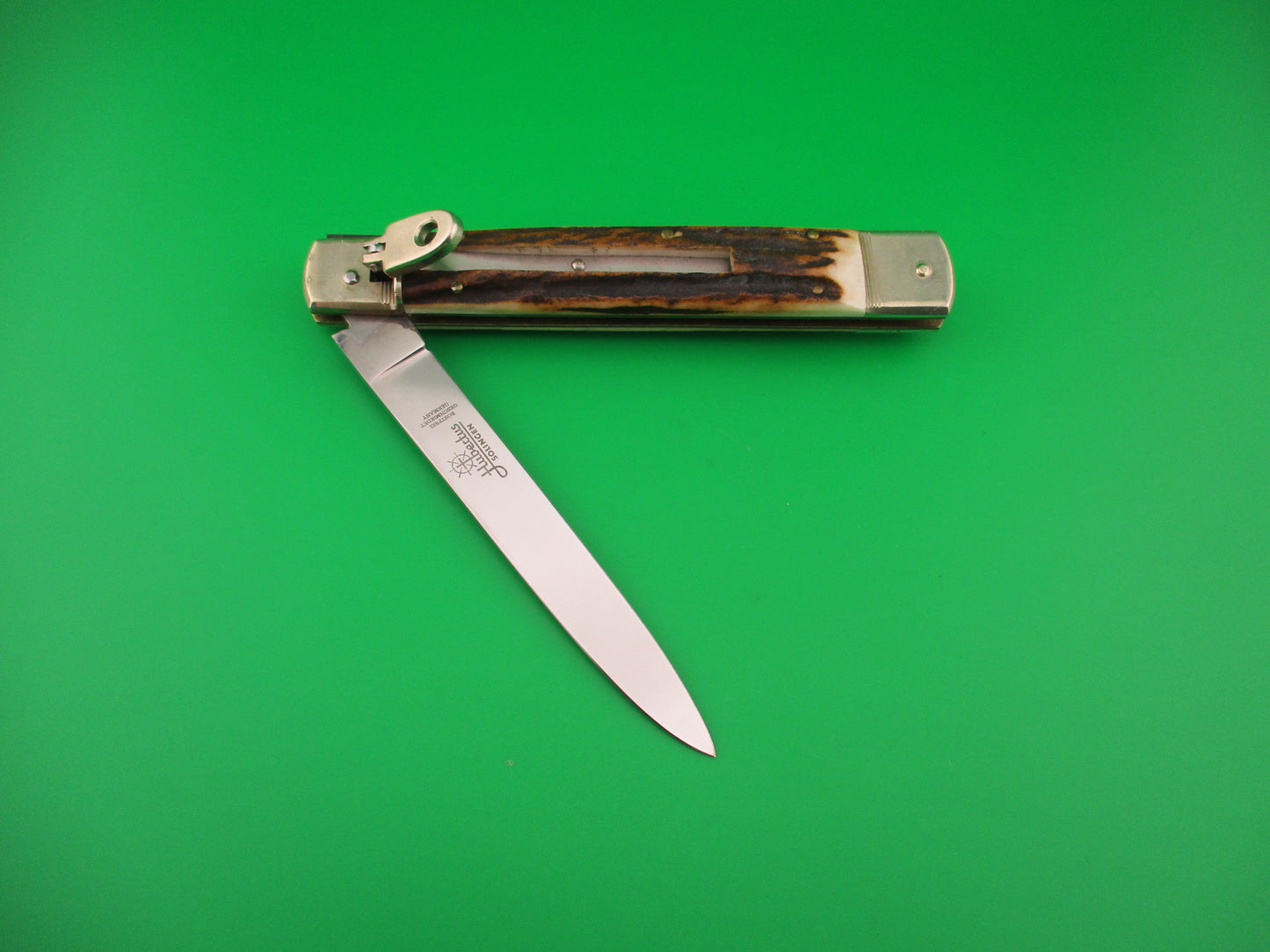 Hubertus 14cm German Slimline Stag Spear point blade Lever automatic knife
