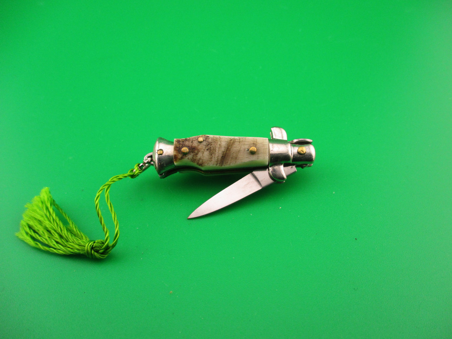 INOX 7cm Italian Mini Picklock Stag 4 pin vintage automatic knife w Green tassel