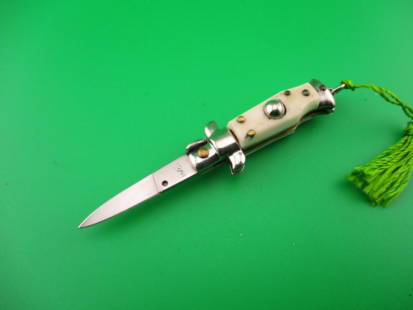 INOX 7cm Italian Mini Picklock Stag 4 pin vintage automatic knife w Green tassel
