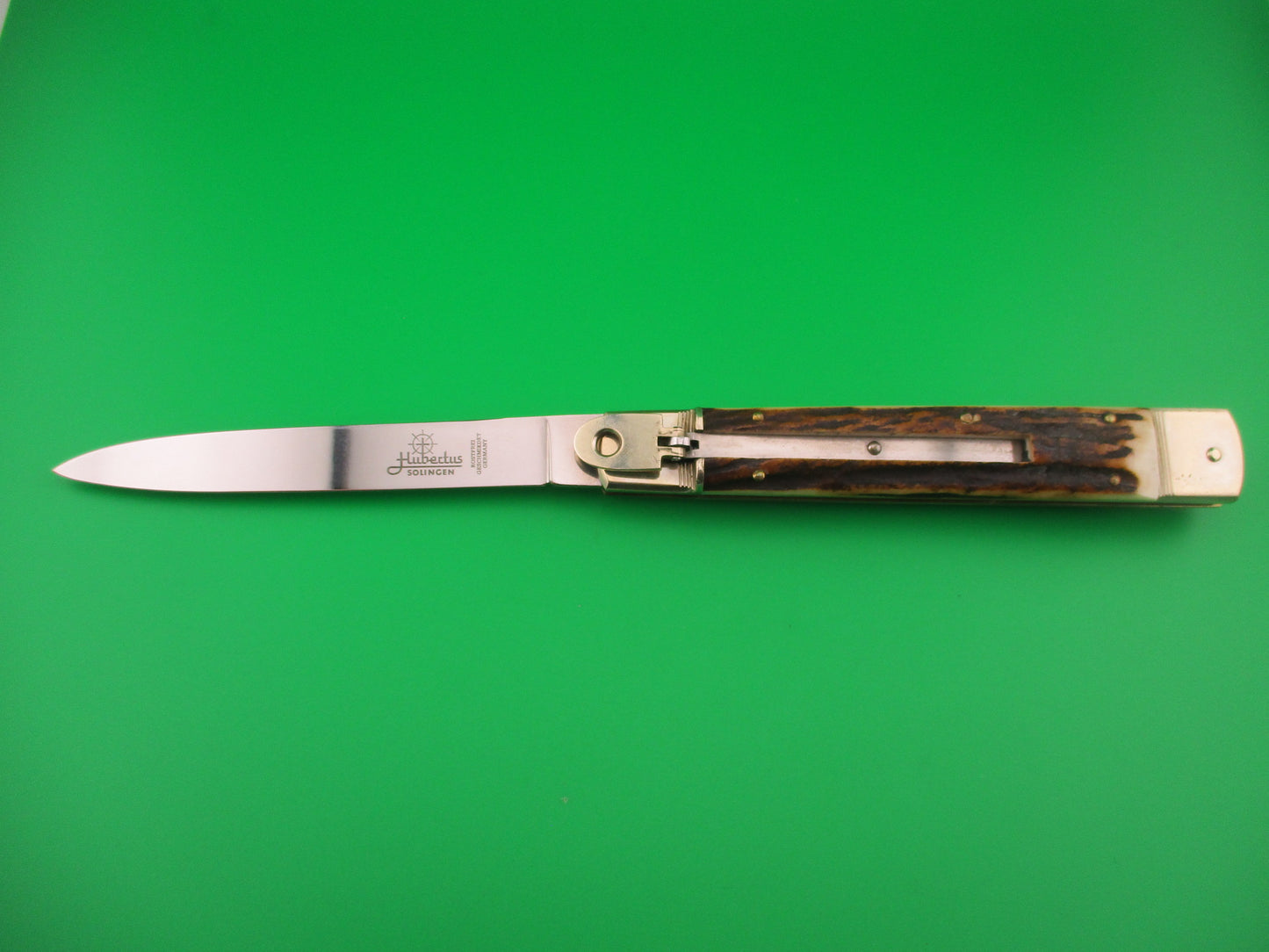 Hubertus 14cm German Slimline Stag Spear point blade Lever automatic knife