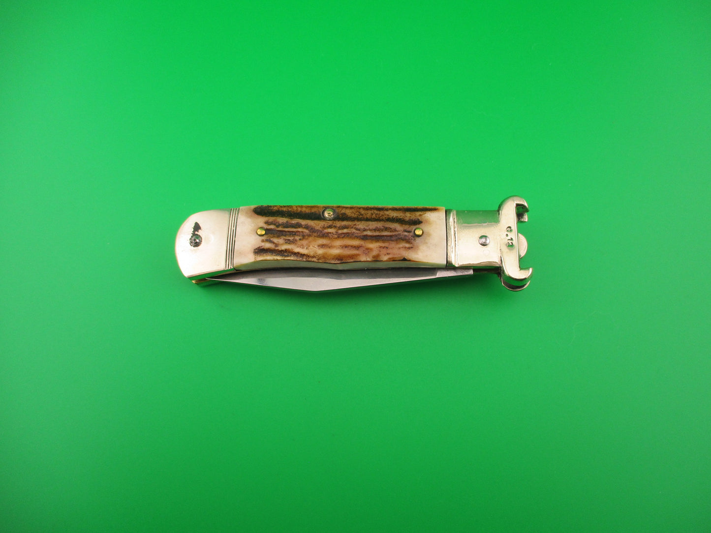 Hubertus SOLINGEN 11cm German Shell Puller Stag tang stamped automatic lever knife