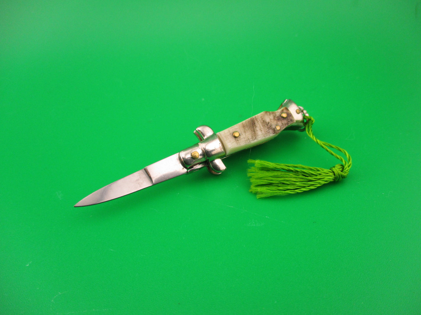 INOX 7cm Italian Mini Picklock Stag 4 pin vintage automatic knife w Green tassel