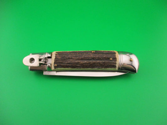 Rostfrei 20cm Italian Lever GOM Stag NOS automatic knife vintage 1980s