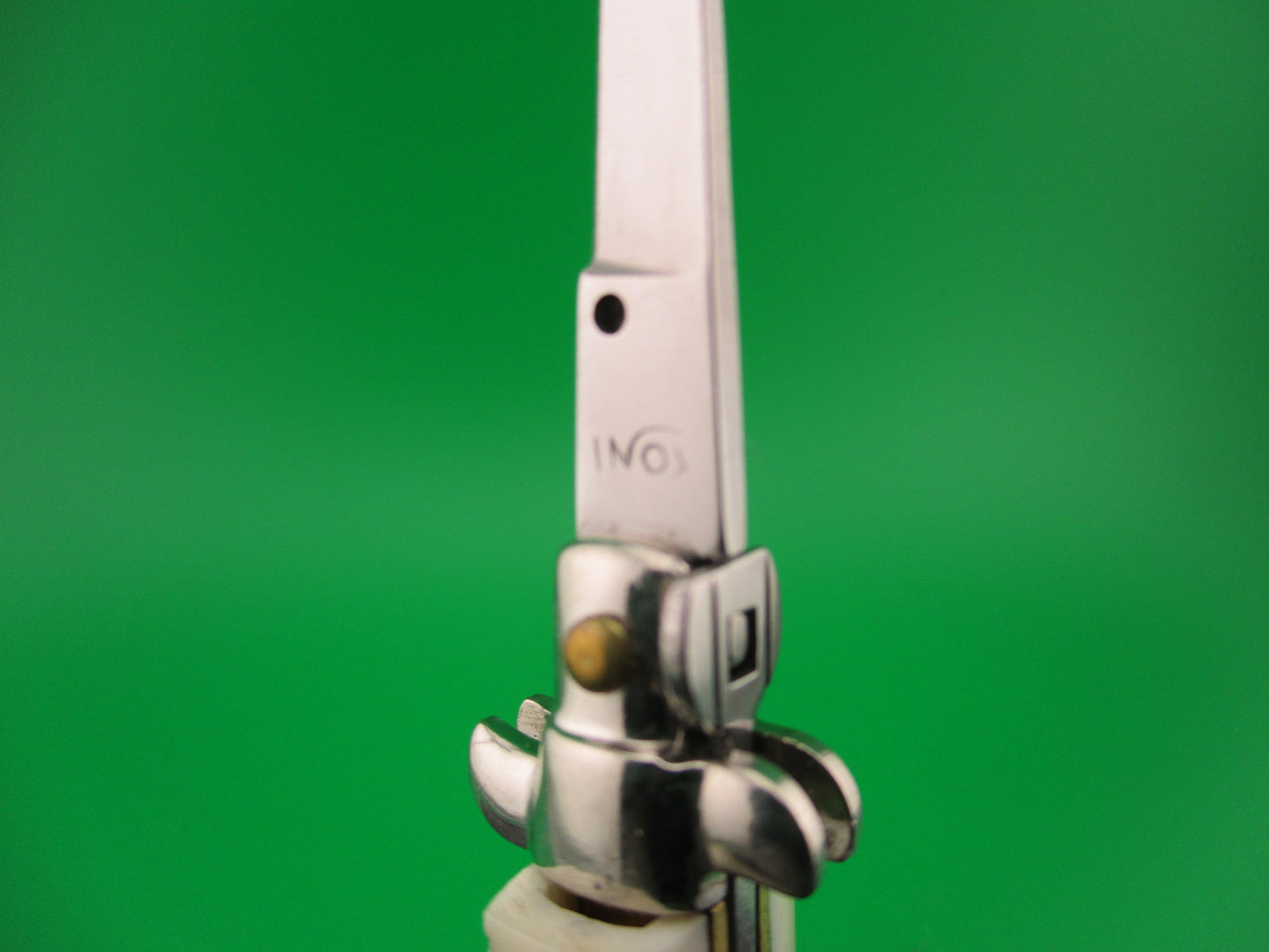 INOX 7cm Italian Mini Picklock Stag 4 pin vintage automatic knife w Green tassel