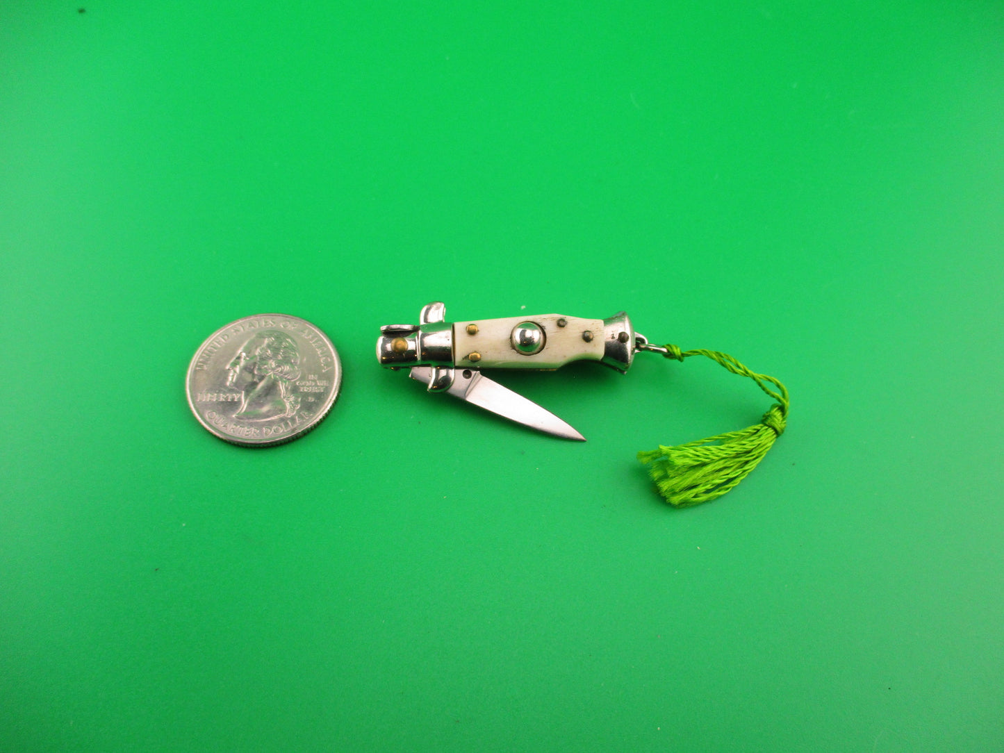 INOX 7cm Italian Mini Picklock Stag 4 pin vintage automatic knife w Green tassel