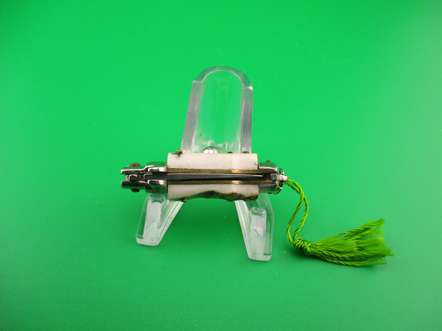 INOX 7cm Italian Mini Picklock Stag 4 pin vintage automatic knife w Green tassel